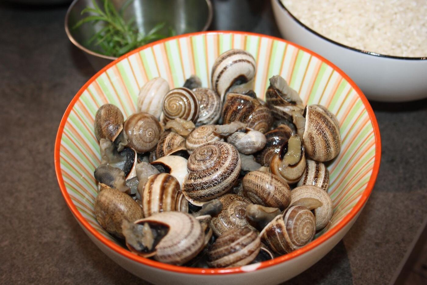 Paella valenciana con pollo, conejo, caracoles, judías verdes y