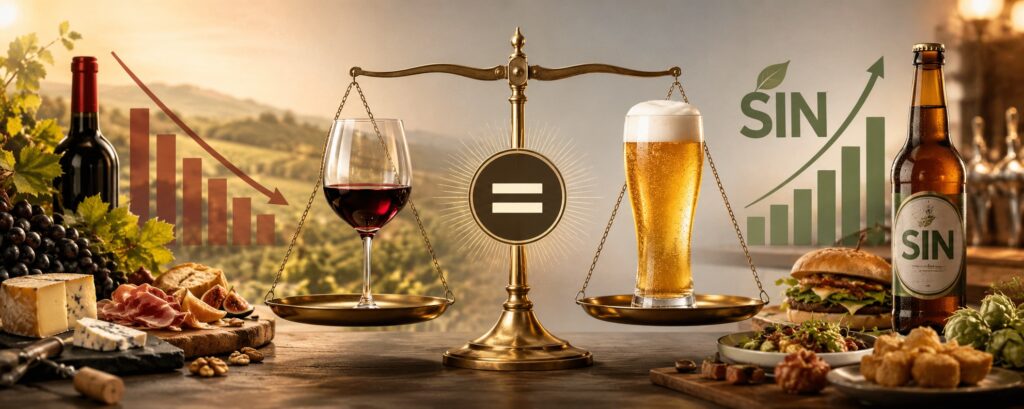 El descenso en el consumo de vino y el aumento de cerveza, gracias a la “Sin”, coloca a ambas bebidas en una posición de igualdad gastronómica.