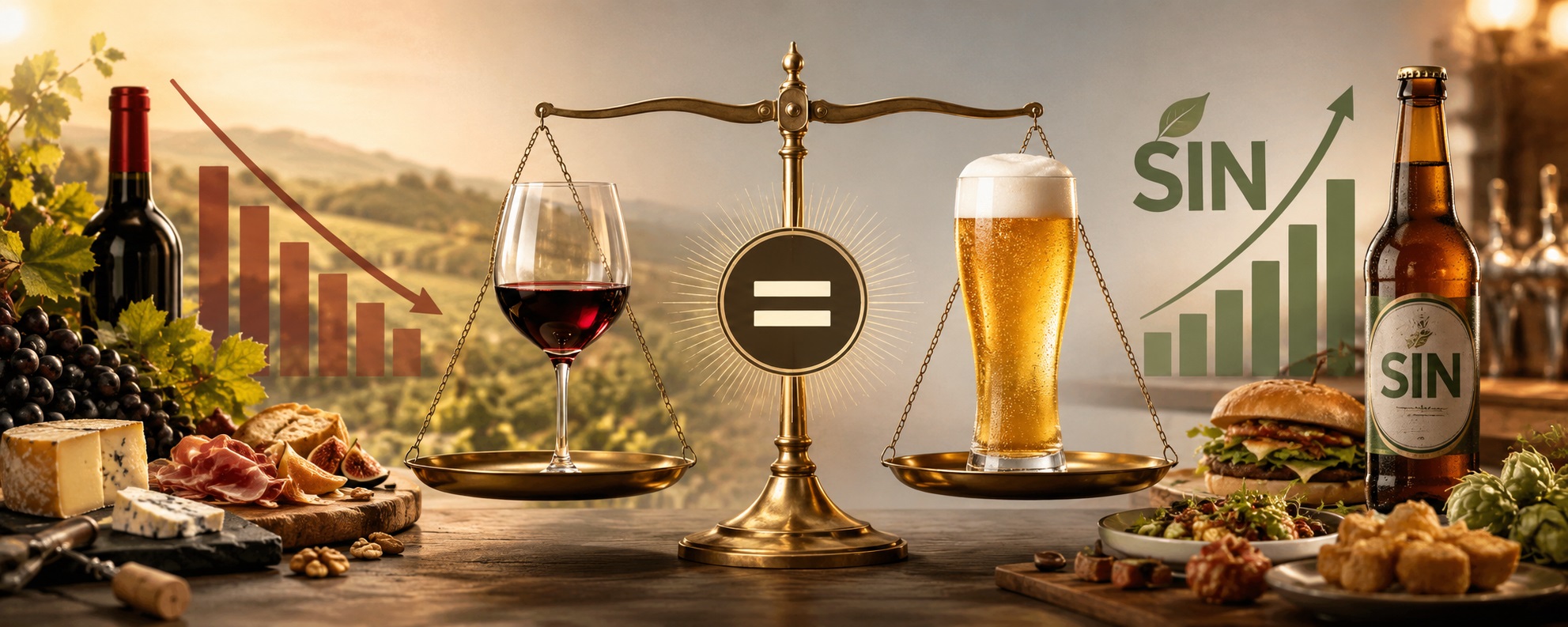 El descenso en el consumo de vino y el aumento de cerveza, gracias a la “Sin”, coloca a ambas bebidas en una posición de igualdad gastronómica.
